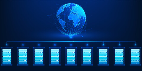 Data Center Technology Background with Server Racks Connecting Global Data Transmission via Internet Network, Cloud Computing Infrastructure, Worldwide Information Exchange, Digital Communication