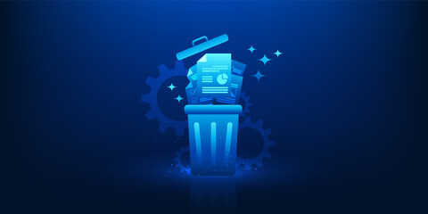 Digital Data Delete Technology Background, Trash Bin with Error Document Files, Data Loss and System Failure, Corrupted Files Cleanup, Cyber System Error, Information Management, Storage Problem