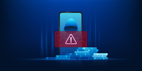 Mobile Phone Hacker Scam Concept with Cyber Criminal Inside Smartphone and Digital Coin in Foreground, Online Fraud, Phishing Attack, Financial Theft, Data Breach, Cyber Crime, Identity Theft