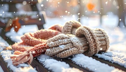 Cozy winter scene knitted scarf and gloves rest on a snow-covered wooden bench during snowfall