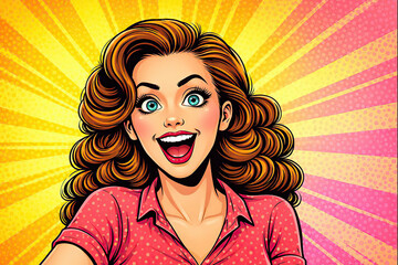 Excited pop art woman feeling surprise and joy
