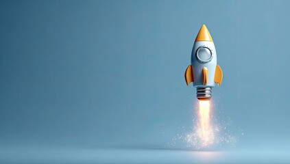 Futuristic rocket launching with bright orange flames and sparks against blue