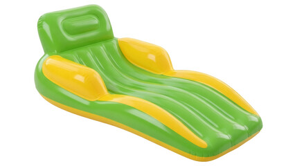 Green and yellow inflatable pool lounger isolated PNG, summer relaxation equipment for swimming pool fun and vacation leisure