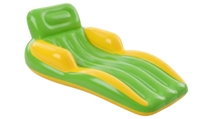 Green and yellow inflatable pool lounger isolated PNG, summer relaxation equipment for swimming pool fun and vacation leisure