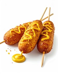 Three golden corn dogs with mustard drizzle on white (1)