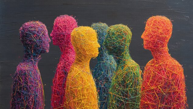 Colorful, textured figures woven from thread against a dark background