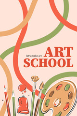 Art school. Banner with art tools, hobby accessories. Vector illustration for Creative courses, Art workshop, advertisement.