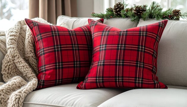 Two red plaid pillows on a cream couch, cozy throw, festive garland