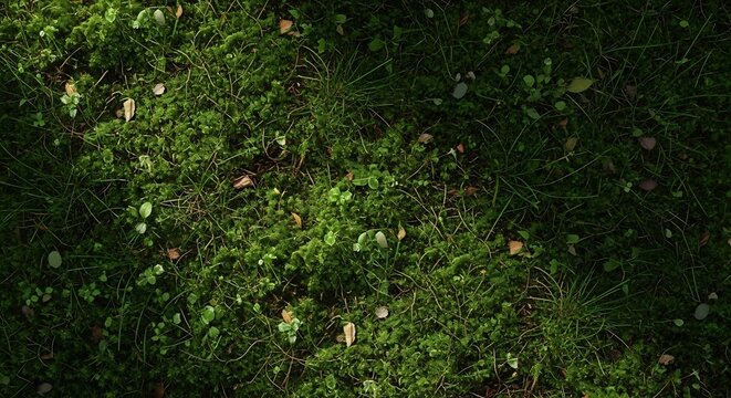 Lush green moss and grass carpet with scattered fallen leaves and small plants, a detailed natural ground texture.