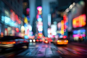 Blurry city street at night with vibrant neon lights and traffic