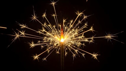 Obraz premium Burning sparkler firework against a black background. Celebration and new year party concept. Glowing sparks emitting from a central flame during a festive night event