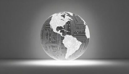 Glowing digital earth composed of circuits on a reflective surface