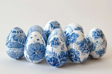 Easter eggs decorated with blue floral motifs forming a group on a white background, celebrating spring holidays