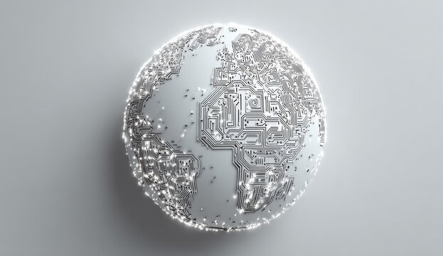 Glowing circuit board globe on white background, representing global connectivity and technology - Powered by Adobe