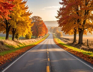 Obraz premium A scenic road framed by vibrant autumn trees under a clear sky