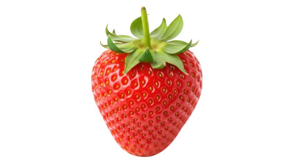 Fresh red strawberry isolated PNG on transparent background, ripe fruit with green stem and leaves for healthy eating and summer designs