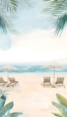 Serene tropical beach watercolor illustration evokes summer relaxation and cheerful coastal design elements