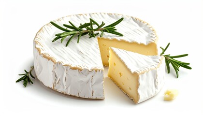 Round cheese with piece cut, rosemary garnish, white