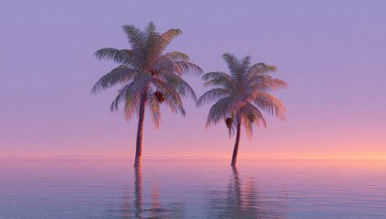Obraz premium Twin palm trees stand in tranquil shallow water at sunset