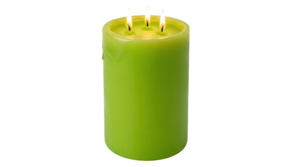 Burning green candle isolated PNG on transparent background, wax cylinder with three flames for decoration and religious use