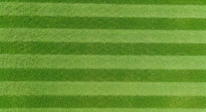 Perfectly striped green grass field, lush, viintimate apparelnt, and meticulously manicured, ideal for sports and recreation.