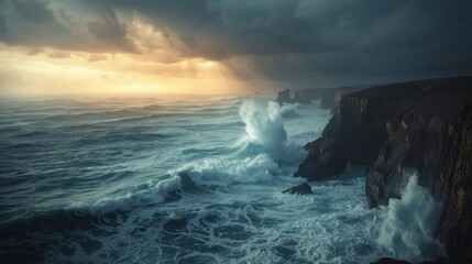 Sunset waves crashing on cliffs