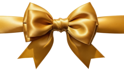 Golden satin ribbon bow isolated PNG on transparent background, elegant gift wrapping element for festive occasions