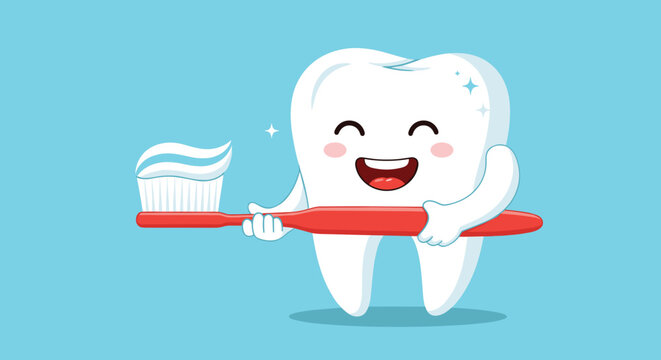Cute and shiny tooth character with a happy, blushing face, holding a large red toothbrush with a swirl of toothpaste on it.