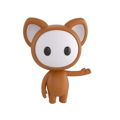 Obraz premium Cute 3D render Little Brown Monster character presenting to the side while facing the camera, friendly and confident mascot style, isolated on white background for presentation, advertising, and digit