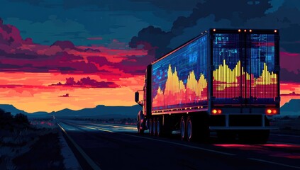 Digital highway journey as a semi-truck travels through a vibrant pixelated sunset