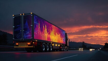 Illuminated semi-trailer displaying vibrant cityscape graphic on highway at dusk