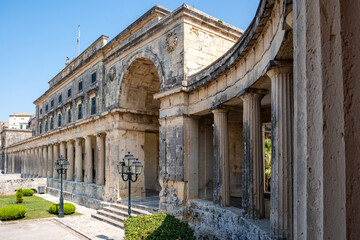 Neoclassical Palace of St. Michael and St. George on Corfu Greece, stone columns, arches and historic architecture
