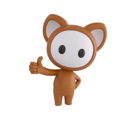 Naklejka premium Cute 3D render Little Brown Monster character giving a thumbs up with one hand while the other hand rests on the hip, confident and friendly mascot style, isolated on white background.