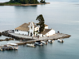Corfu island Greece, Vlacherna Monastery and Pontikonisi islet, high angle view.