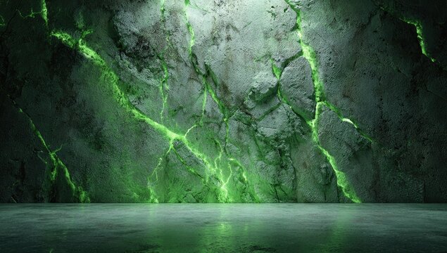 Cracked stone wall with glowing green energy fissures in a dark, reflective room - Powered by Adobe