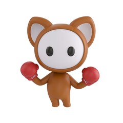 Fototapeta premium Cute 3D render Little Brown Monster character wearing boxing gloves and raising both hands in a guard stance, ready to fight, showing determination and confidence, isolated on white background.