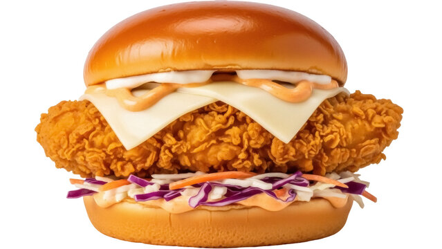 Crispy chicken sandwich with cheese and coleslaw isolated PNG, delicious fast food meal on transparent background
