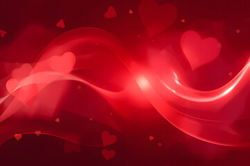 Vibrant red abstract background with flowing light curves and soft heart shapes