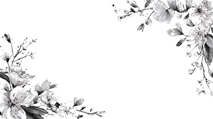 Black and white floral border with flowers and leaves on transparent background isolated on a transparent background