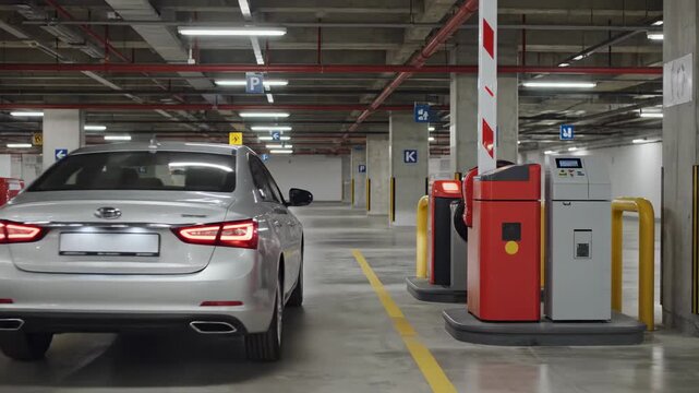 Car approaches a parking barrier in a large underground garage during a busy afternoon