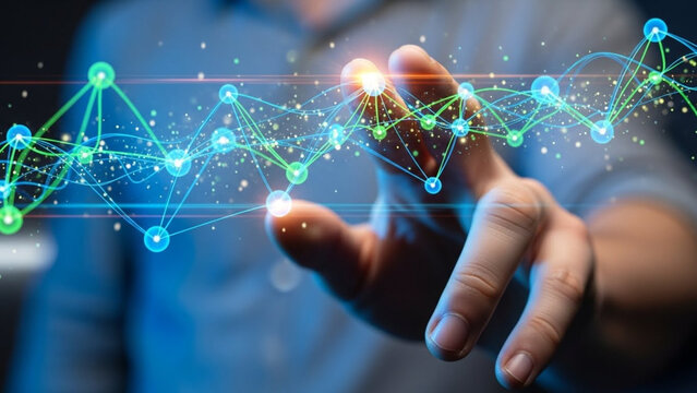 Man interacting with digital network data flow on futuristic interface - Powered by Adobe