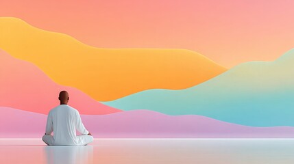 A person in white clothing sits in a meditative pose facing a vast, abstract landscape of rolling pastel hills under a warm orange sky. The scene is a minimalist and peaceful 3D render.