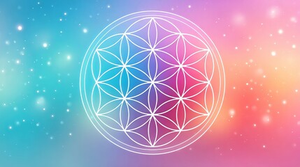 Sacred geometry Flower of Life symbol on a vibrant, ethereal bokeh background. Use for spiritual blogs, meditation apps, yoga studio sites, or articles on cosmic energy and wellness