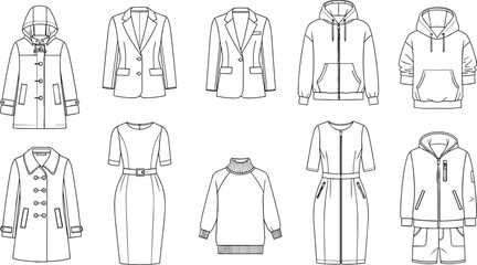 Vector set of clothing technical sketches including coats, blazers, hoodies, dresses, and sweaters for fashion design and apparel.