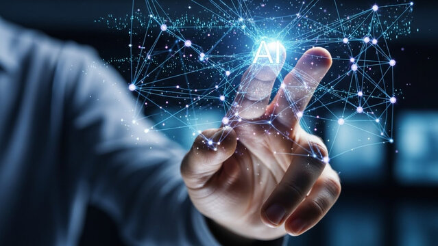 Man touching a glowing digital network interface with his finger in a dark setting - Powered by Adobe