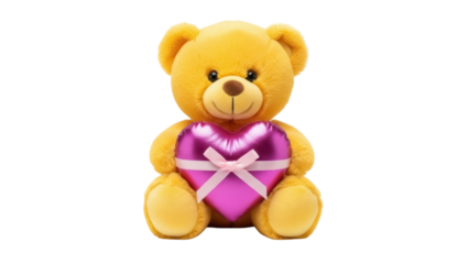 Yellow teddy bear holding a pink heart isolated PNG, cute plush toy for Valentine s Day and love concepts on transparent background