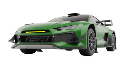 Green rally car PNG isolated, racing vehicle with spoiler on transparent background, motorsport...