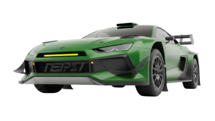 Green rally car PNG isolated, racing vehicle with spoiler on transparent background, motorsport automobile for design and commercial use