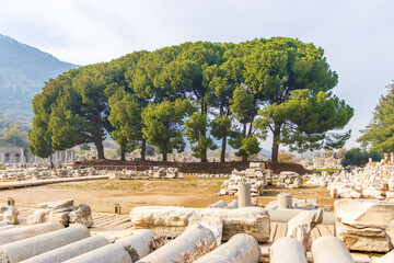 Ancient stone columns and ruins in an archaeological site, historic Roman city remains, cultural...