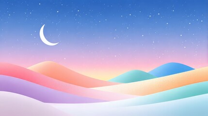 Serene pastel-colored desert dunes under a starry night sky with a crescent moon. Ideal for meditation apps, travel blogs, minimalist bedroom decor stores, and peaceful wallpaper websites.